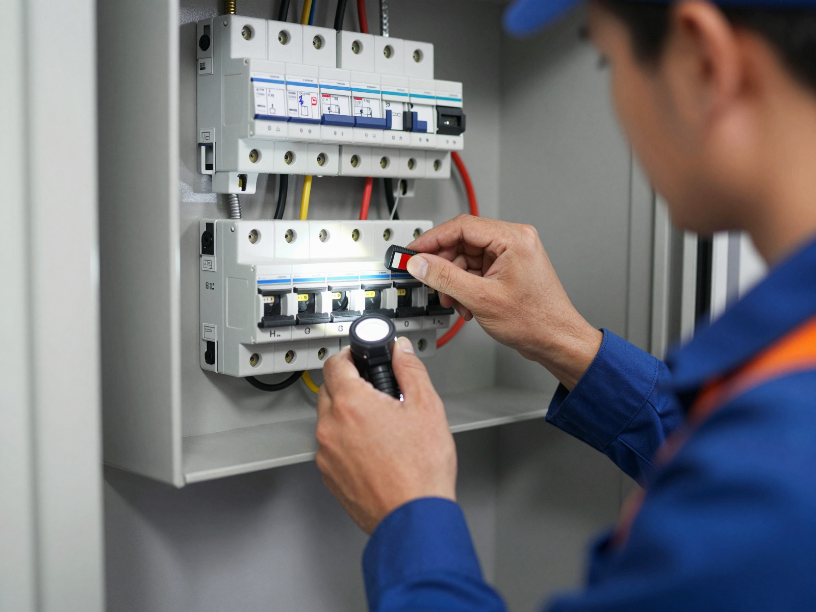 Electrician installing circuit breaker panel